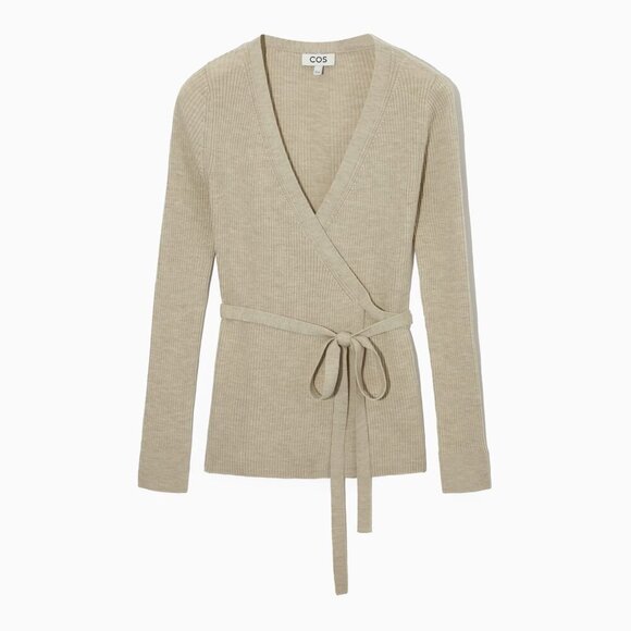 COS Open Tie Front Ribbed Wool Wrap Cardigan in Light Beige, size S - Picture 12 of 12